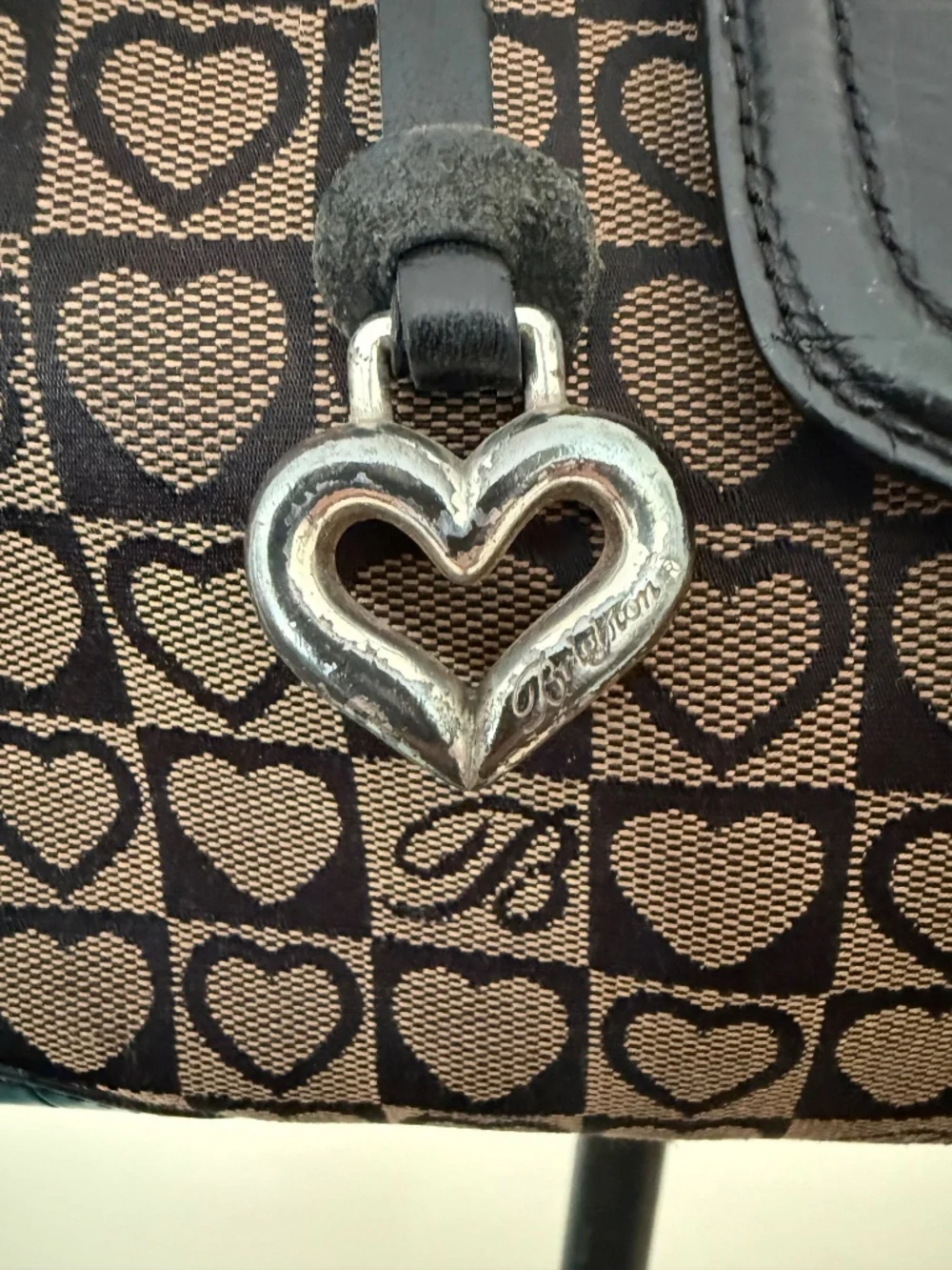Vintage Brighton Jamie Signature Heart Canvas Hobo Bag Brown Black